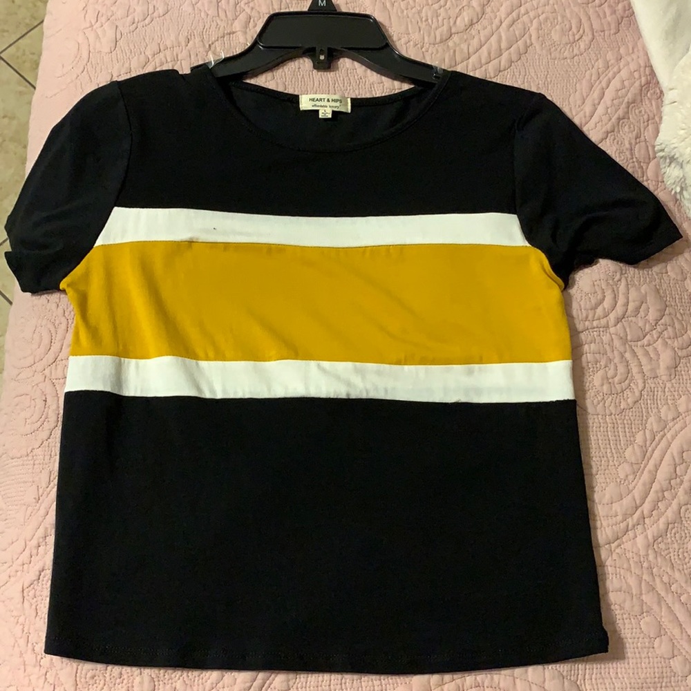 Black crop top with yellow and white stripes